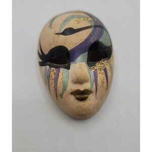 Vintage Volto Mask Brooch Pin Hand Painted Masquerade Mask Glitter Purple Eyes
